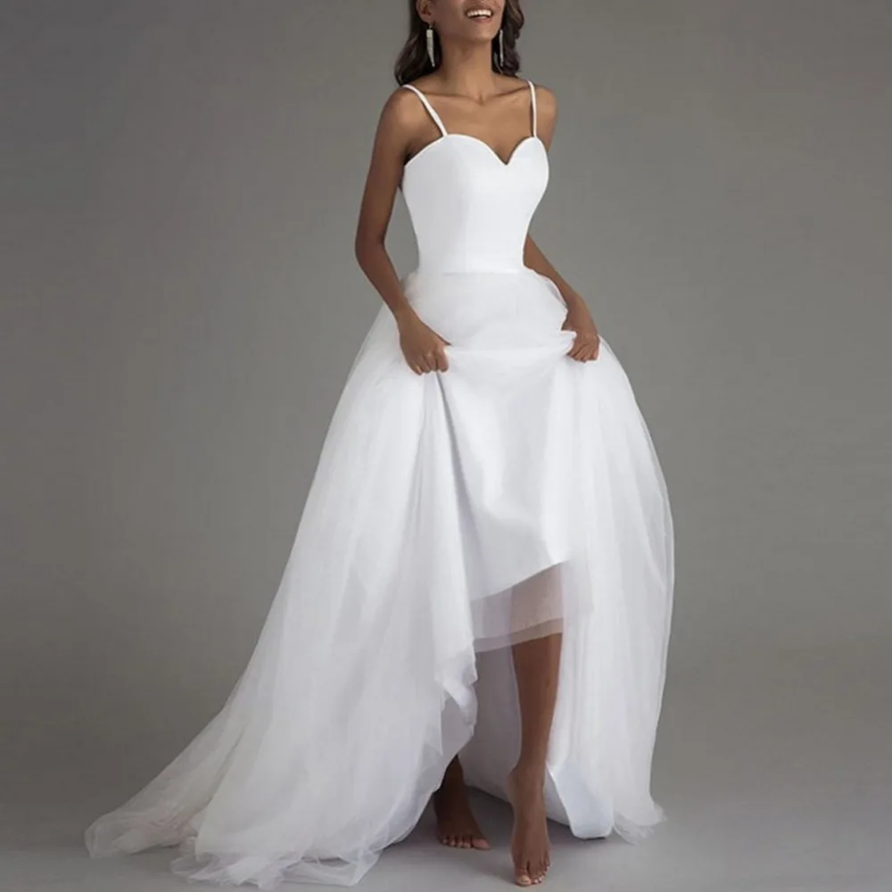 

Spaghetti Strap Wedding Dresses 2019 Vestido Noiva Praia Simple White Tulle Casamento Sashes Bridal Gown Custom made