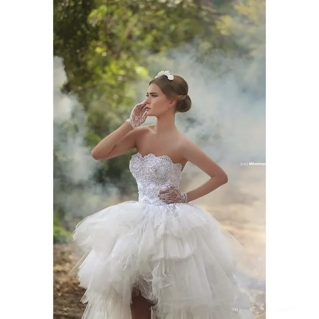 New Design Strapless Short Front Long Back Plus Size High Low Lace