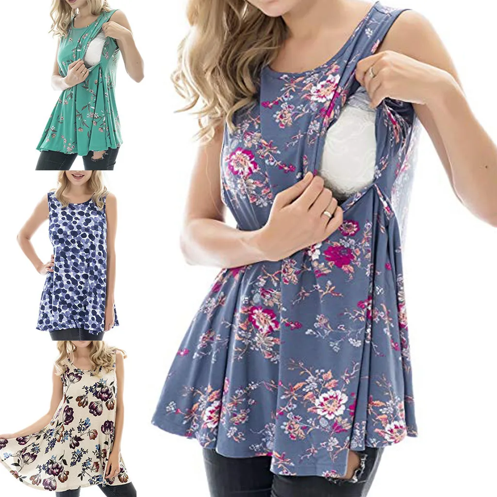 

Women Pregnant Sleeveless Floral Tops Breastfeeding Nusring Maternity Clothes