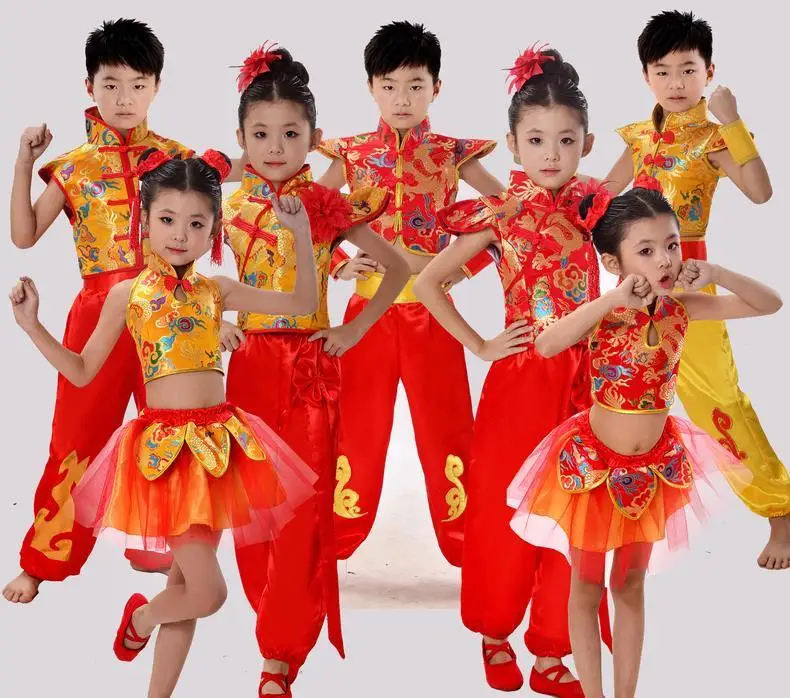 Китайский традиционный танцевальный костюм, детский народный танцевальный костюм с драконом, современный hanfu для девочек, Национальный Лев для мальчиков