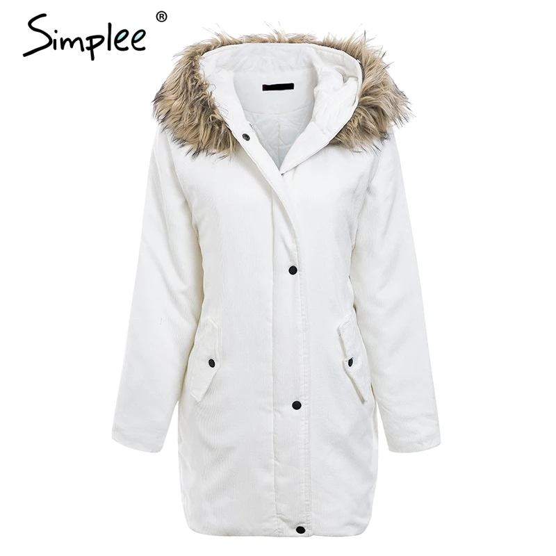 Simplee Faux fur splice hooded corduroy thick parka Winter warm soft padded coat Women 2018 lapel streetwear fashion overcoat