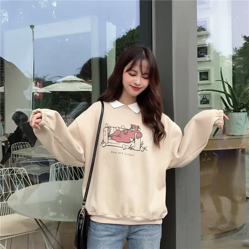 

Korean Spring Autumn Harajuku Hoodies Wome Casual Loose Cartoon Bear Print Fake Two Pieces Sweatshirt Student Cute Fleece Tops