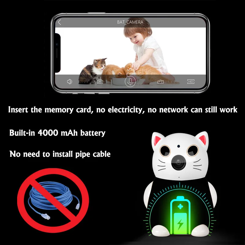 HD 1080P супер милая кошка батарея WiFi камера перезаряжаемая умная безопасности с