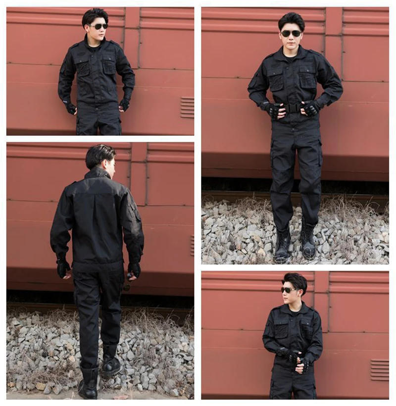 Классная черная армейская Униформа хорошего качества, рубашка и брюки для мужчин, Безопасная рабочая полевая Военная тренировочная походная альпинистская одежда