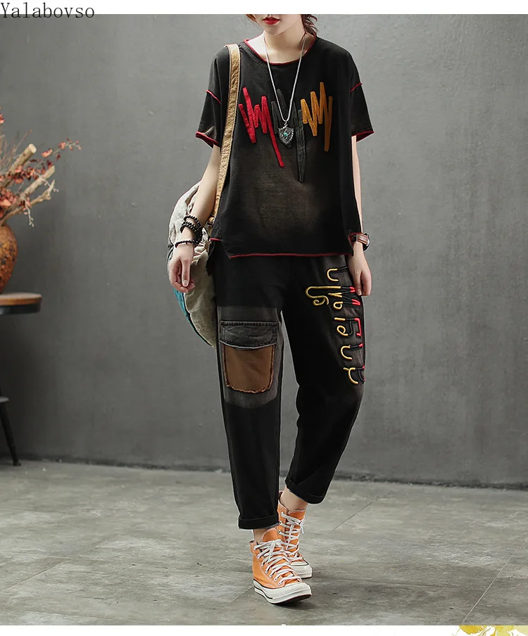 Beste Katoenen T Shirts + Broek Toevallige Borduurwerk Pak Voor Vrouwen Patchwork O hals Tees Met Losse Broek Vintage Set Vrouwelijke A0B2Z40