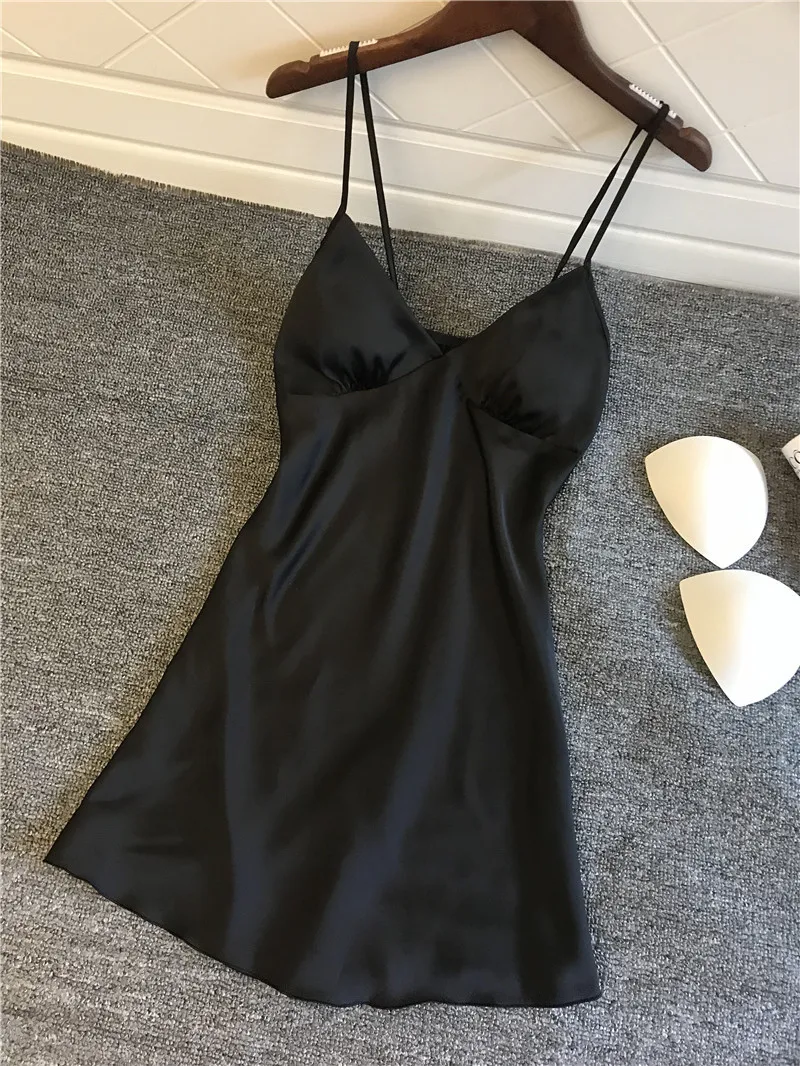 Queenral Women's Sleepwear Nightgown Summer Night Dress Silk Satin Sleepshirts Sexy Nightie Sleeveless Night Gown With Chest Pad4