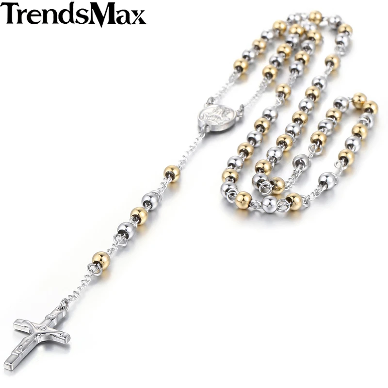 Trendsmax Мужская цепочка из нержавеющей стали бусина цепочка Розарий Иисус Христос крест кулон длинное ожерелье KN375-KN383