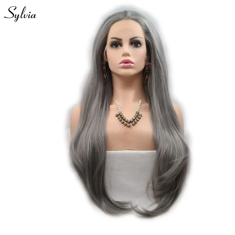 Sylvia Smoky Grey Color Long Straight Wigs Lace Front Synthetic Wig