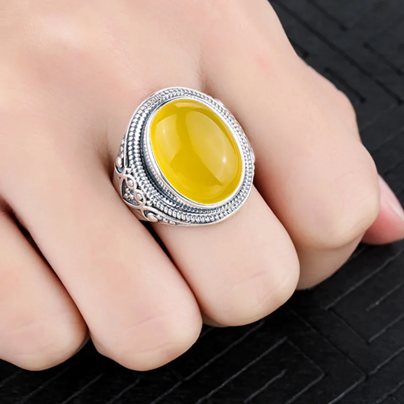 

12*14mm NOT FAKE S925 Sterling Silver Ukraine Amber Rings Exaggerated Rings health rich lithuania Retro Chalcedony