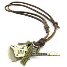 Jewelry Men’s Ladies Necklace, Guitar Cross, Adjustable Sizes Alloy Pendant with Leather Necklace, Brown