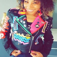 Хип-хоп граффити размера плюс нашивки заклепки уличная кожа тонкий укороченный топ короткая куртка бальные сценические вечерние панк готический костюм