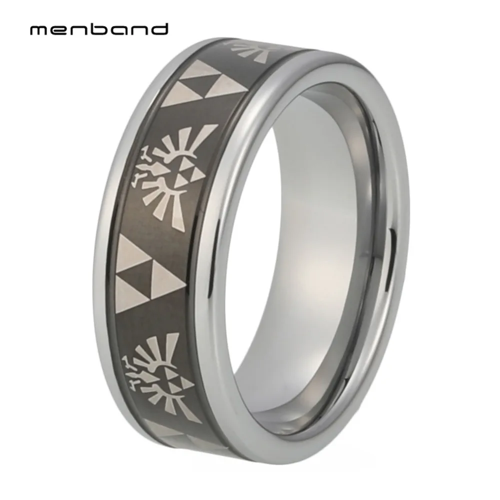 

Black Wedding Band Mens Tungsten Ring With Legend of Zelda Triforce Pattern Laser Engraved 8MM Comfort Fit
