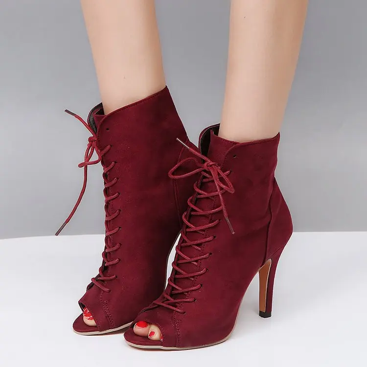 

Hot 2018 New Women Suede Ankle Boots Pumps High Heels 10CM Peep Toe Autumn Women Shoes Fish Mouth Stylish Ladies Sandals Lace-Up