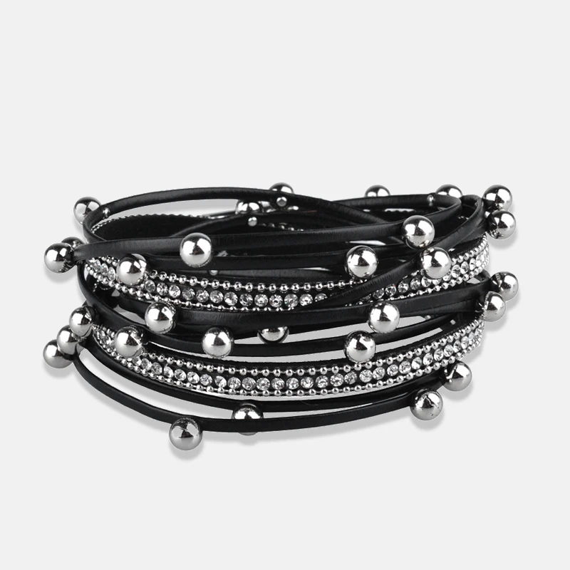 

Black Color Leather Bracelets For Women 2019 Fashion Multilayer Crystal Metal Beads Punk Bracelet FemmeBohemian Jewelry