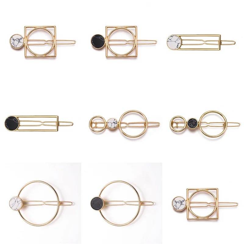 

Hot Fashion Women Girls Hair Clips Metal Circle Square Natural Stone Hairpins Barrettes Wedding Hairpin Hair Accessories