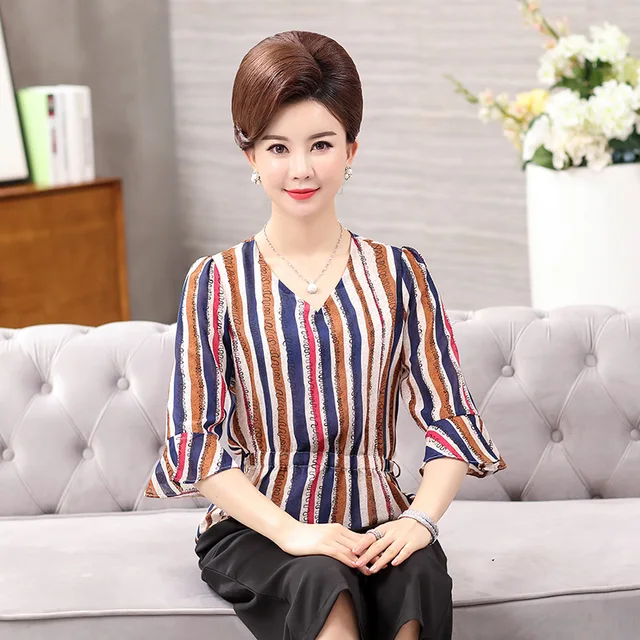 Women's Summer Two Piece Sets Elegant Female Striped Chiffon Blouse