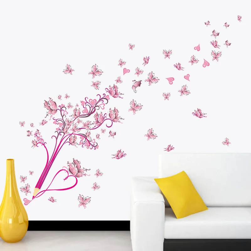 Pink Flower butterfly Wall Stickers for bedroom living room background Home Decor Wall Decals for Kids Room Children Room Art