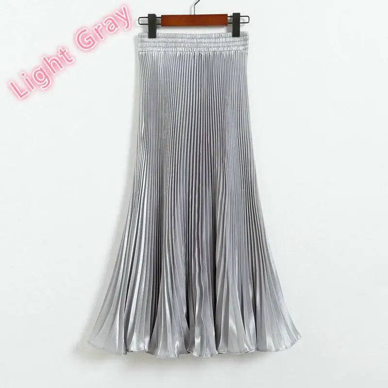 Плиссированная юбка с металлическим блеском и эластичной резинкой на талии, сатиновая Макси элегантная длинная юбка - Цвет: Light Gray