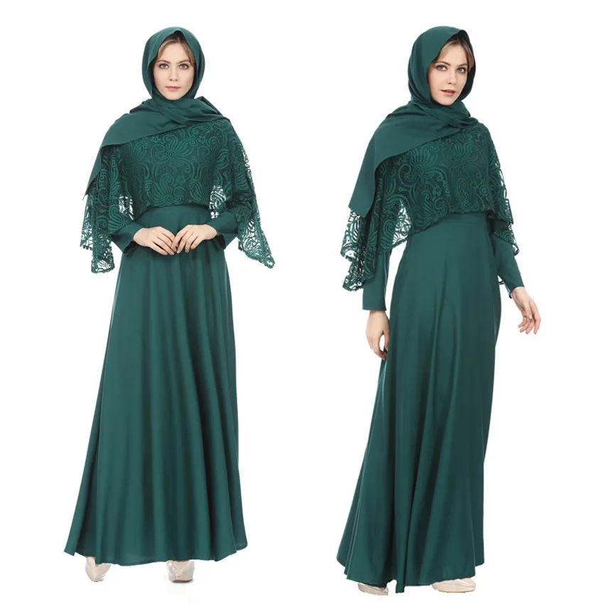 

2019 Fake 2 Pieces Women Muslim Costumes Traditional Islamic Clothing Turkish Arabic Eid Mubarak Abaya Gown Lace Women Dress
