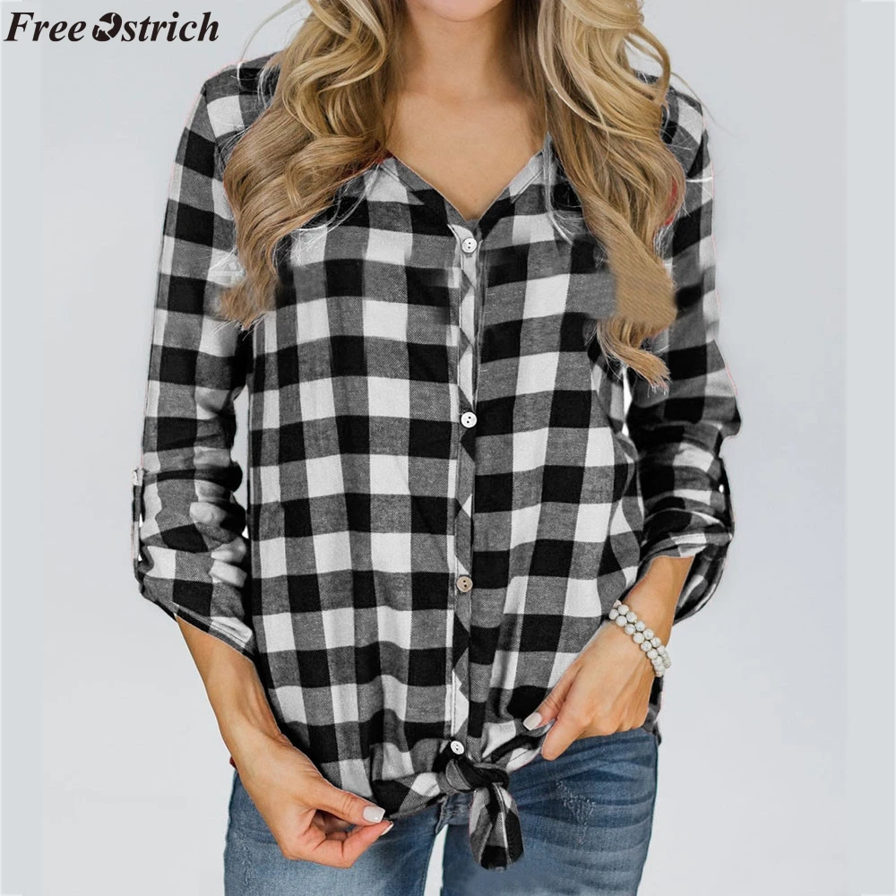 FREE OSTRICH Women New Arrival Classic Fashion Blouse Plaid V-neck Loose Female Casual Button Ladies Shirt Knotted Plus Size Top