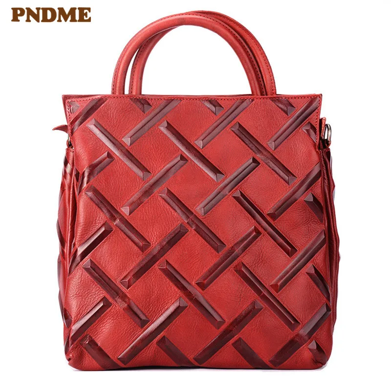 

PNDME luxury fashion vintage plaid genuine leather ladies handbag cowhide women's messenger bags large capacity female tote bag