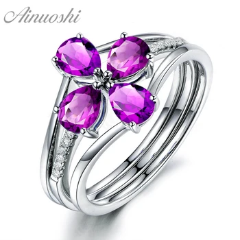 

AINUOSHI Natural Amethyst Rings Set 5ct Pear Cut Gem 925 Sterling Silver Flower Rings Engagement Party Jewelry Women Rings Set
