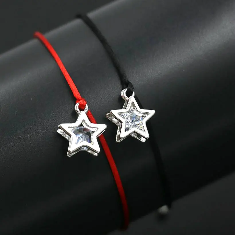 

2pcs/1set Lovely Silver Color Crystal Five-Pointed Star Bracelets Couples Red Rope Thread Bracelet Women Lovers' Lucky Jewelry
