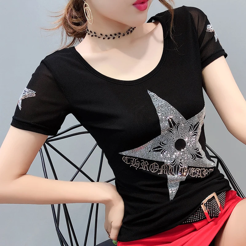 

European Diamonds Stars Double Mesh Tshirt 2019 New Summer Women Women Short Sleeve Sexy Back Top Shirt Camiseta Mujer T97505