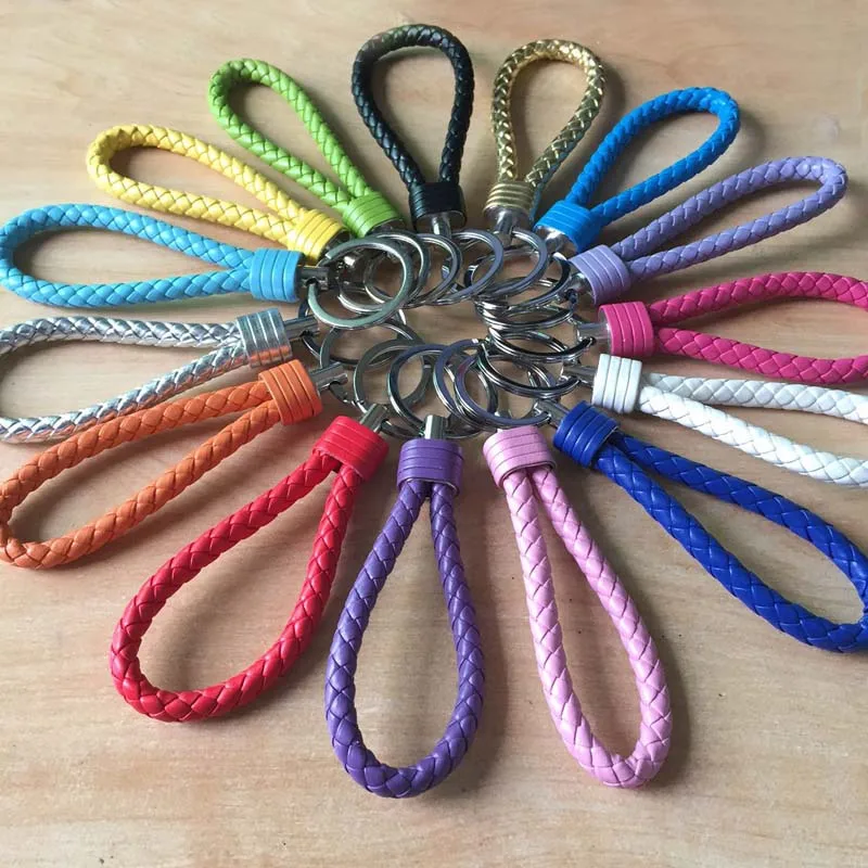 Mix 15pcs PU Leather Strap Keychain Weave Rope Keyring Woven Cord Key Chain Holder Pendant for Backpack Jewerly Accessories