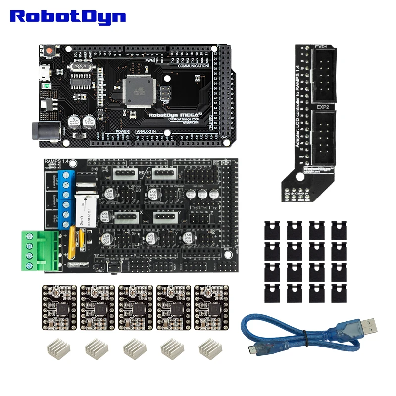 Комплект для 3D-принтера 1. MEGA 2560+ RAMPS 1,4+ драйвер двигателя(5 шт.)+ кабель MicroUSB(50 см), совместимый для Arduino и RepRap проектов