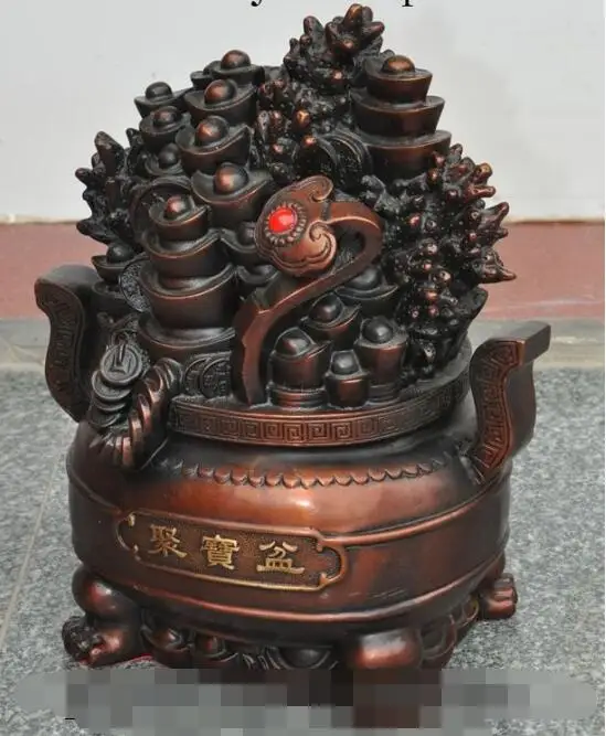 

S05614 11" china bronze wealth money coin yuanbao ingot ruyi Treasure bowl lucky statue