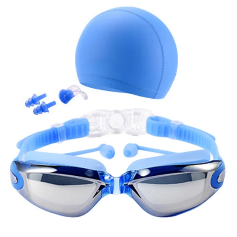 Набор защитных очков высокой четкости, водонепроницаемые противотуманные очки для плавания+ шапочка для плавания+ Заглушки для ушей, зажим для носа, набор для бассейна - Цвет: Синий