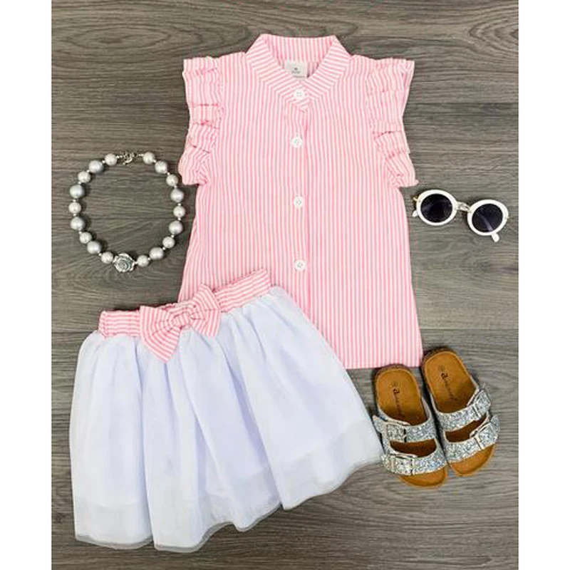 

Girl Clothes Summer Style Girls Clothing Sets Butterfly Sleeve Striped T-shirt&Bow Short Skirts 2Pcs Girls Suits Kids Clothes