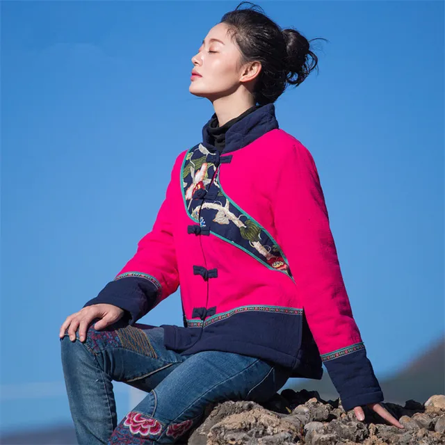 Cheap BOHOCHIC Original Ethnic Print Vintage Spliced Stand Collar Full Sleeve Women Coat Female Warm Parka 2016 News YJ0034D Boho Chic