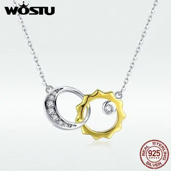 

WOSTU 925 Sterling Silver Double Circle Gold & Silver Color Pendant Necklaces Long Chain For Women Lover Vinatge Jewelry DAN039