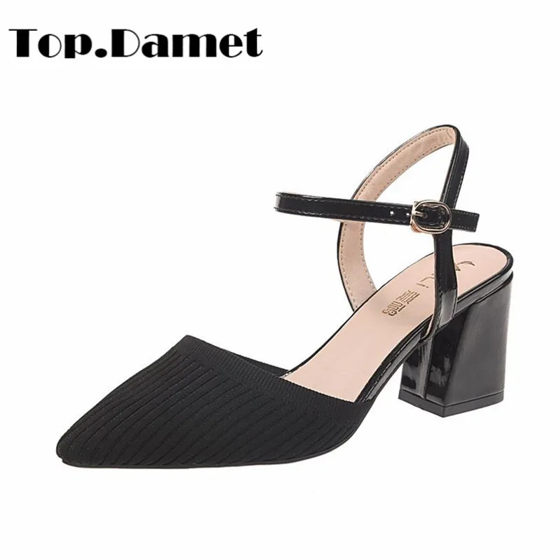 

Top.Damet Summer Woman Sandals Sexy High Square Heel Breathable Stretch Fabric Solid Color Shoes Fashion Buckle Sandals Ladies