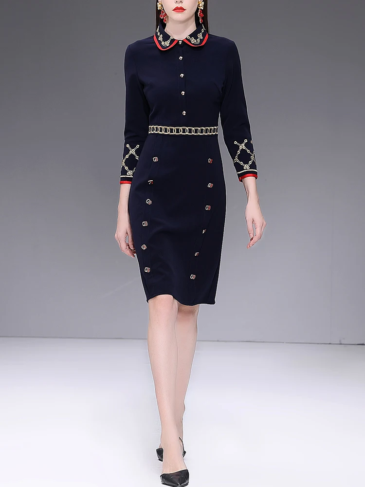

High quality 2019 new spring designer fashion dress Women's Wrist Sleeve Gold Embroidered Slim Buttoned Vintage Dress