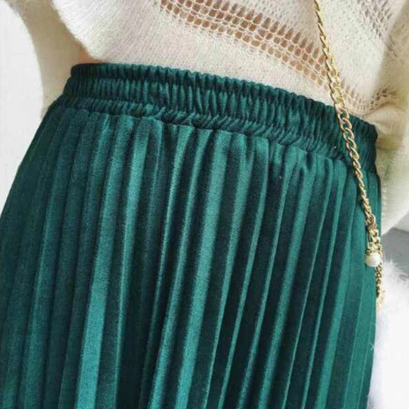 Осенняя замшевая плиссированная длинная юбка однотонная женская винтажная бархатная до середины икры трапециевидная длинная юбка розовая зеленая бордовая серая Saias Faldas