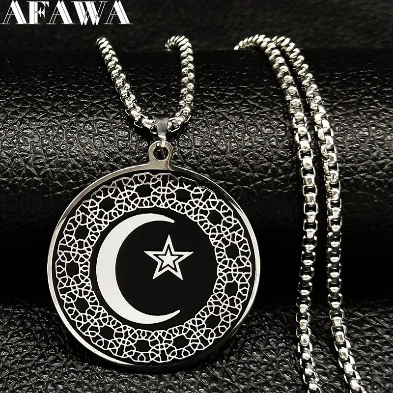 2020 Fashion Muslim Star Moon Stainless Steel Necklaces Men Black Silver Color Luna Necklaces Pendants Jewelry colgante N732S02