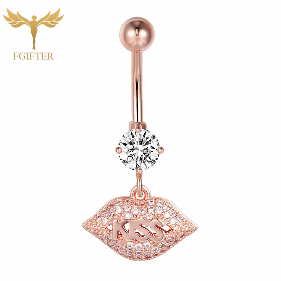 Women Sex Jewelry Lips Dangle Navel Piercing Barbell Rose Gold Color Stainless Steel Belly Bars