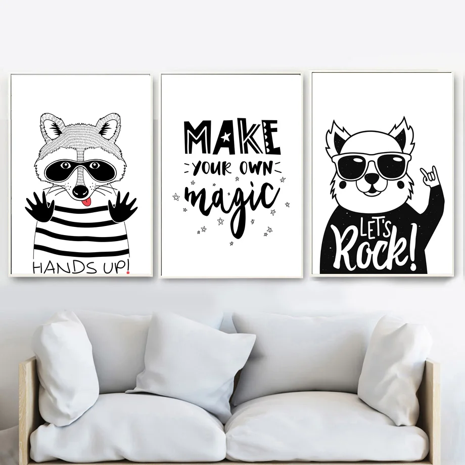 

Raccoon Rock Bear Wall Art Canvas Painting Nordic Posters And Prints Animal Black White Wall Pictures Kids Baby Room Home Decor