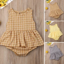 Милый клетчатый Детский комбинезон с повязкой-бантом для новорожденных девочек и мальчиков, комплект одежды без рукавов