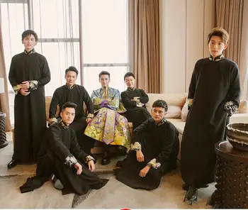 

Plus Size 3XL 4XL Asian Groomsman Wedding Clothes Chinese Men Madarin Collar Long Robe Gown Black Stage Performance Costume