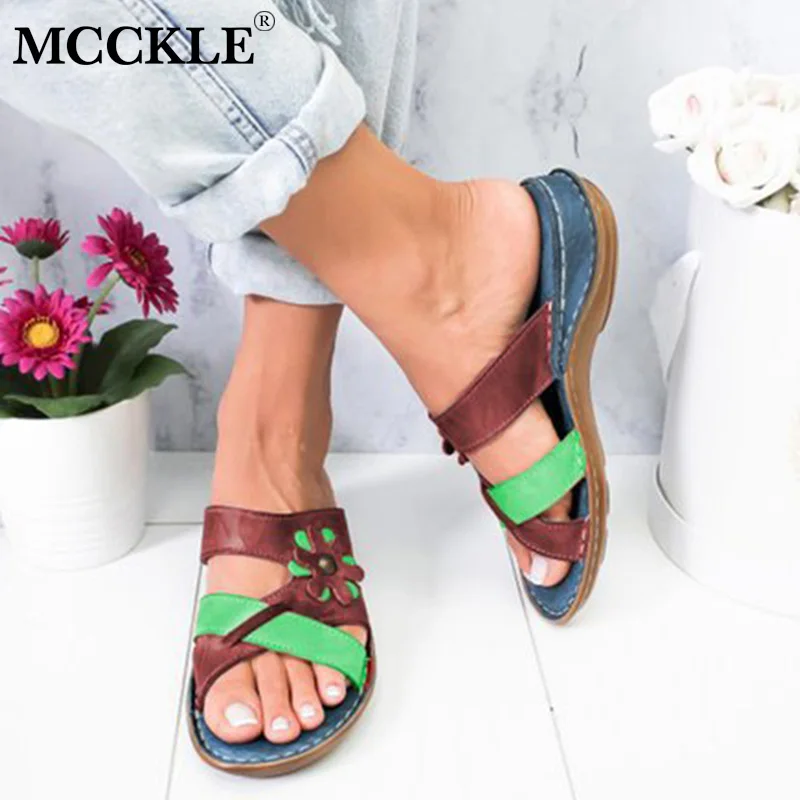 

MCCKLE Summer Women Slippers Flip Flops Appliques Fashion Female Cross Strap Low Heel Beach Slides Sewing Casual Shoes Plus Size