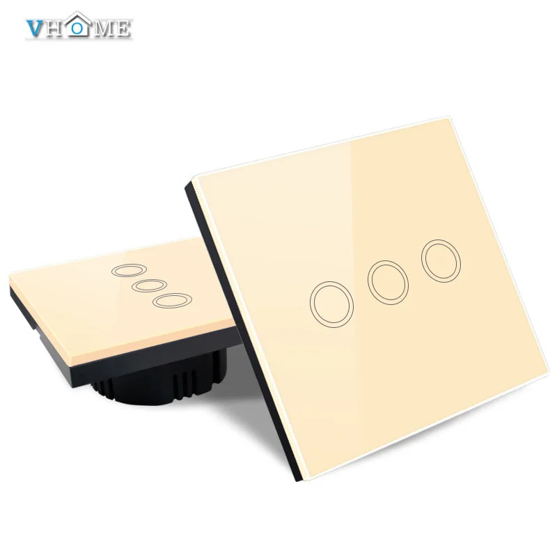 EU/UK Standard Vhome Touch Switch 3 Gang 1 Way Gold Crystal Glass panel Light Screen Wall For LED Lighting | Обустройство дома