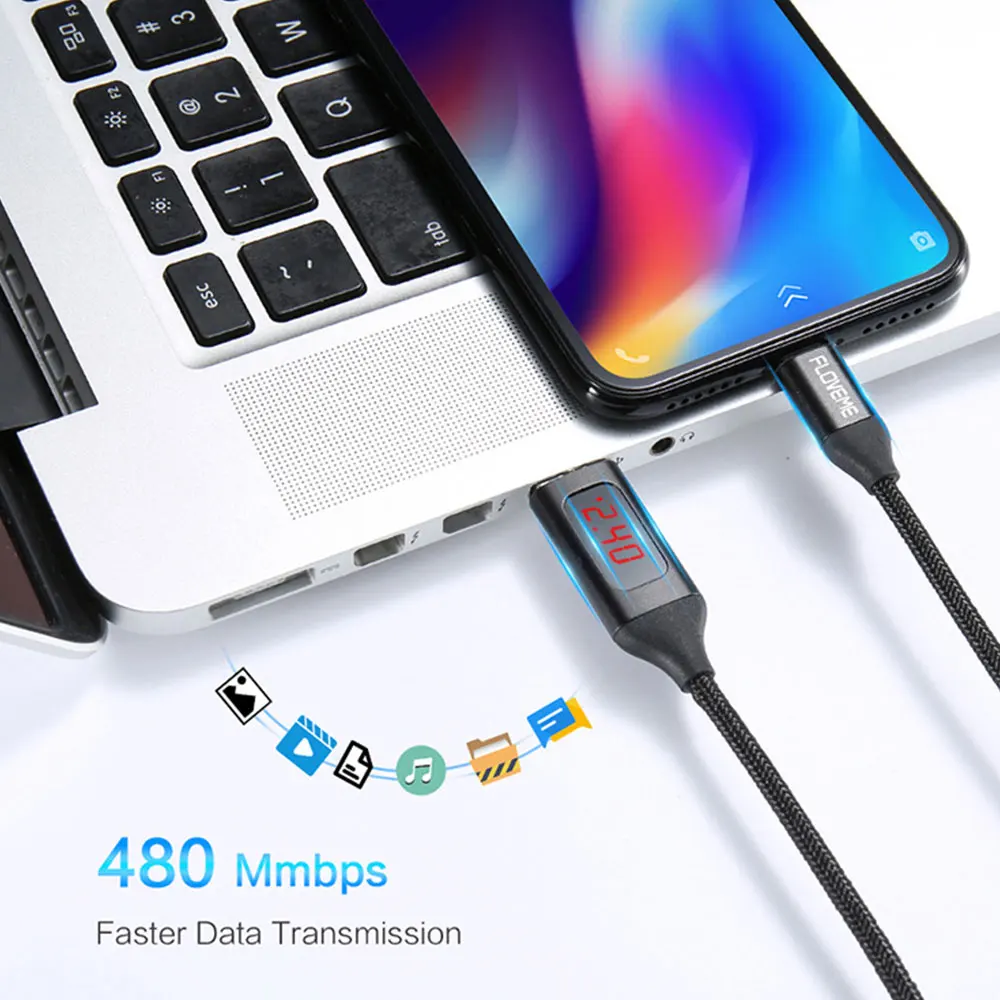 FLOVEME Micro usb type C кабель для мобильного телефона зарядный провод для samsung для Xiaomi для Redmi светодиодный цифровой USB кабель для iPhone XR