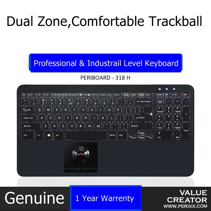 Perixx PERIBOARD 318 Backlit USB Wired Compact Laser Trackball Keyboard