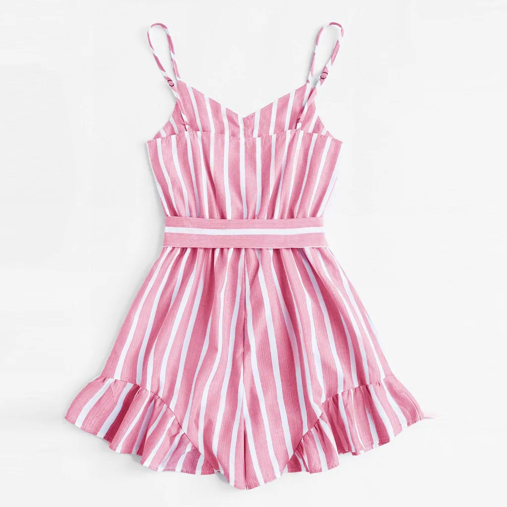 Women Playsuits Shorts Striped Summer Overalls Rompers Bodycon Girls Vocation Onesies Wide Leg Short Jumpsuit Cami Bow