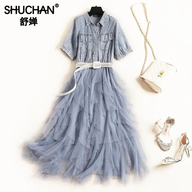 

Shuchan Denim Patchwork Mesh Designer Women Dresses 2019 High Quality Casual A-Line Mid-Calf Pockets Korean Fashion 51301