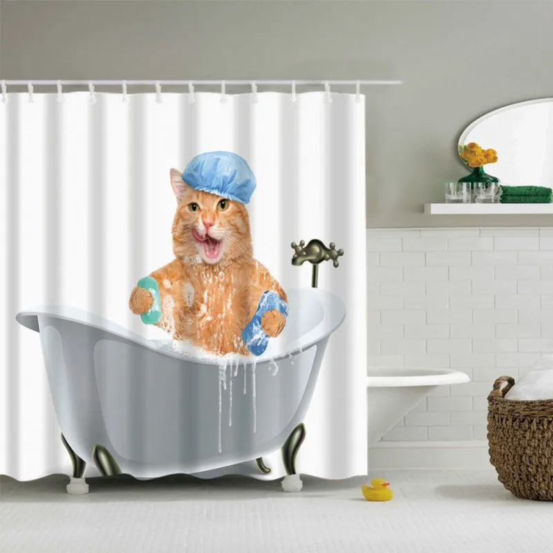 

Funny Cat Bath Decor Shower Curtain Digital 3D Printed Waterproof Mouldproof with 12 C-Shaped Hooks for bathroom shower